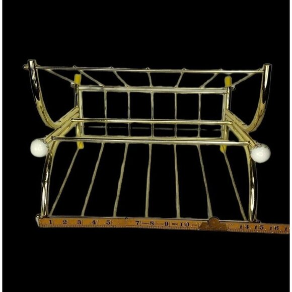 VTG MCM Gold Brass Tone Magazine Holder Porcelain Floral Ball Hollywood Regency - Picture 8 of 11